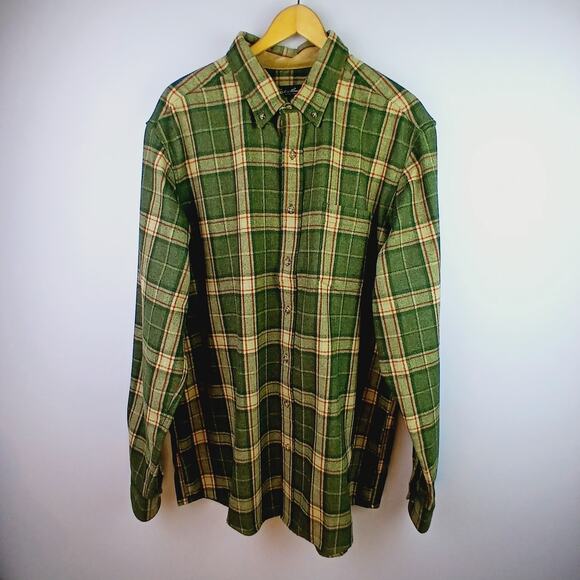 Eddie Bauer SZ XL Tall 100% Wool Plaid Work Shirt Genuine Leather Elbow Patches - Picture 3 of 7